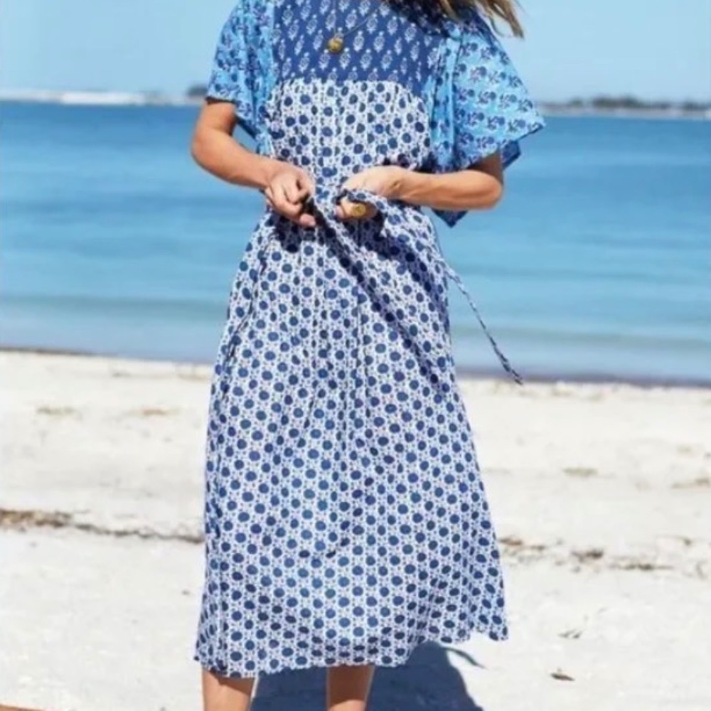 Emerson Fry India Collection Basalie Midi Dress Organic Block Print Size Small